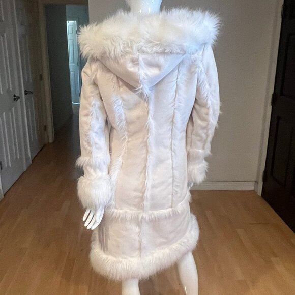 Y2K BEBE FAUX FUR MIDI HOODED COAT SIZE S SMALL WHITE - Picture 4 of 6
